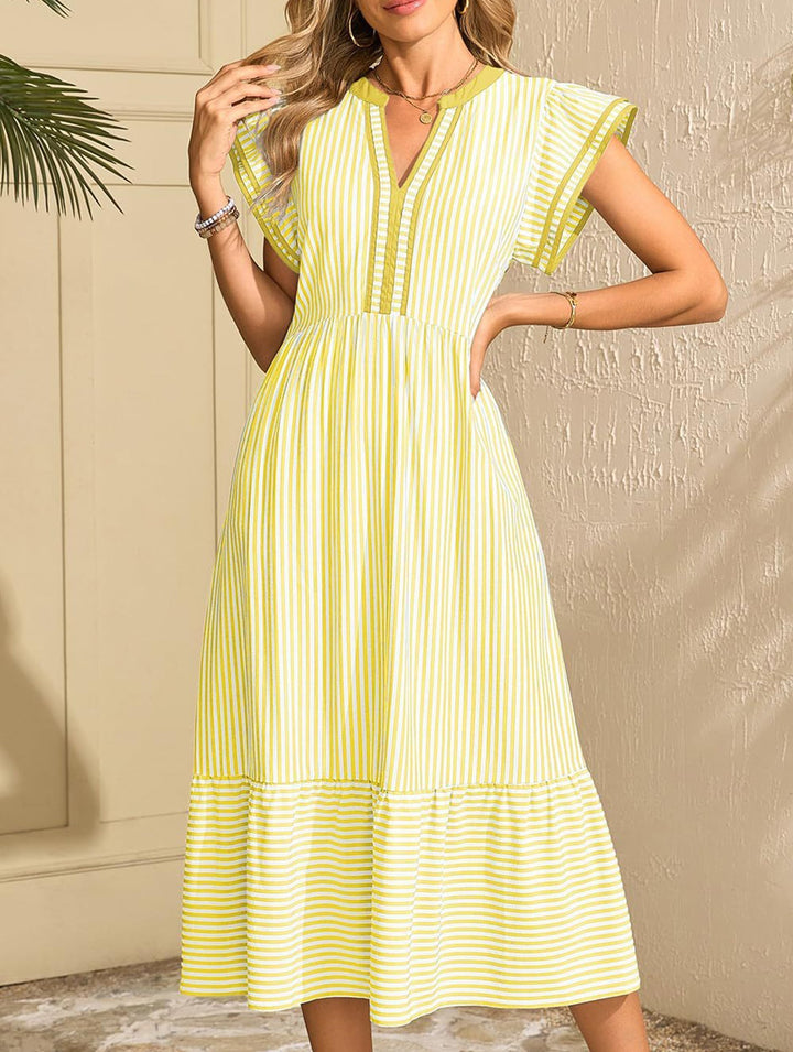 Colorblock Stripe Flutter Sleeve Dress – White Dress