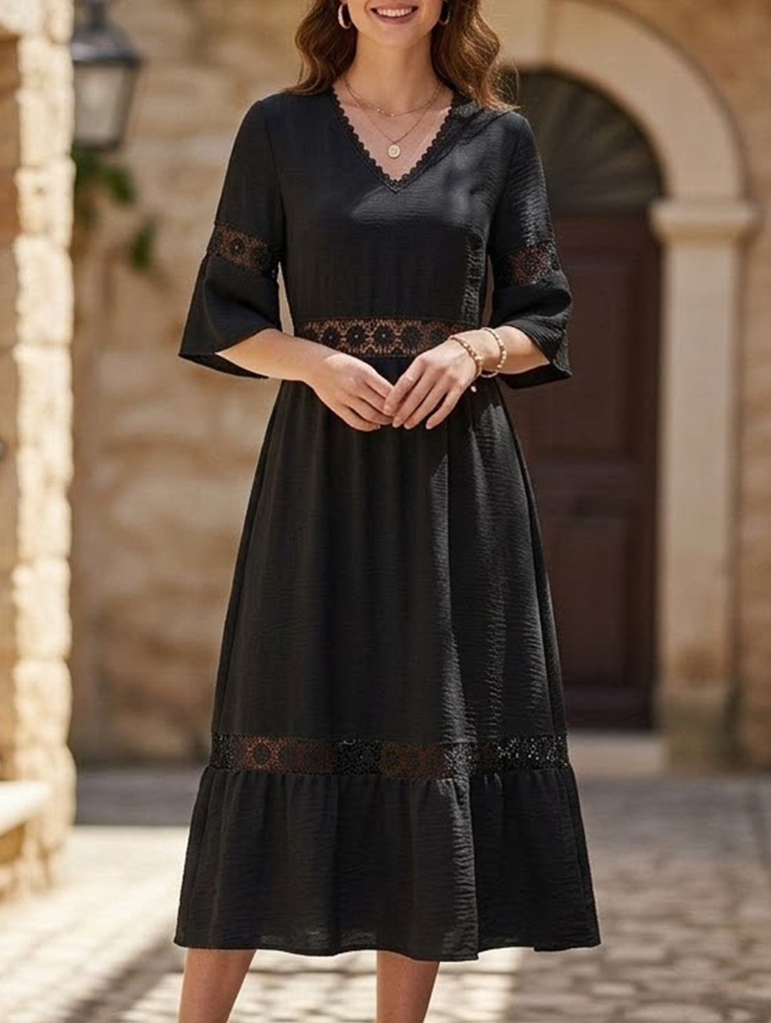 V Neck Hollow Short Sleeve Dress – White Dress