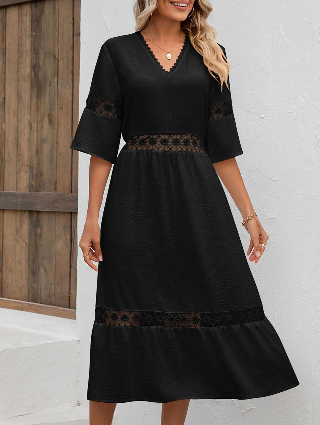 V Neck Hollow Short Sleeve Dress – White Dress