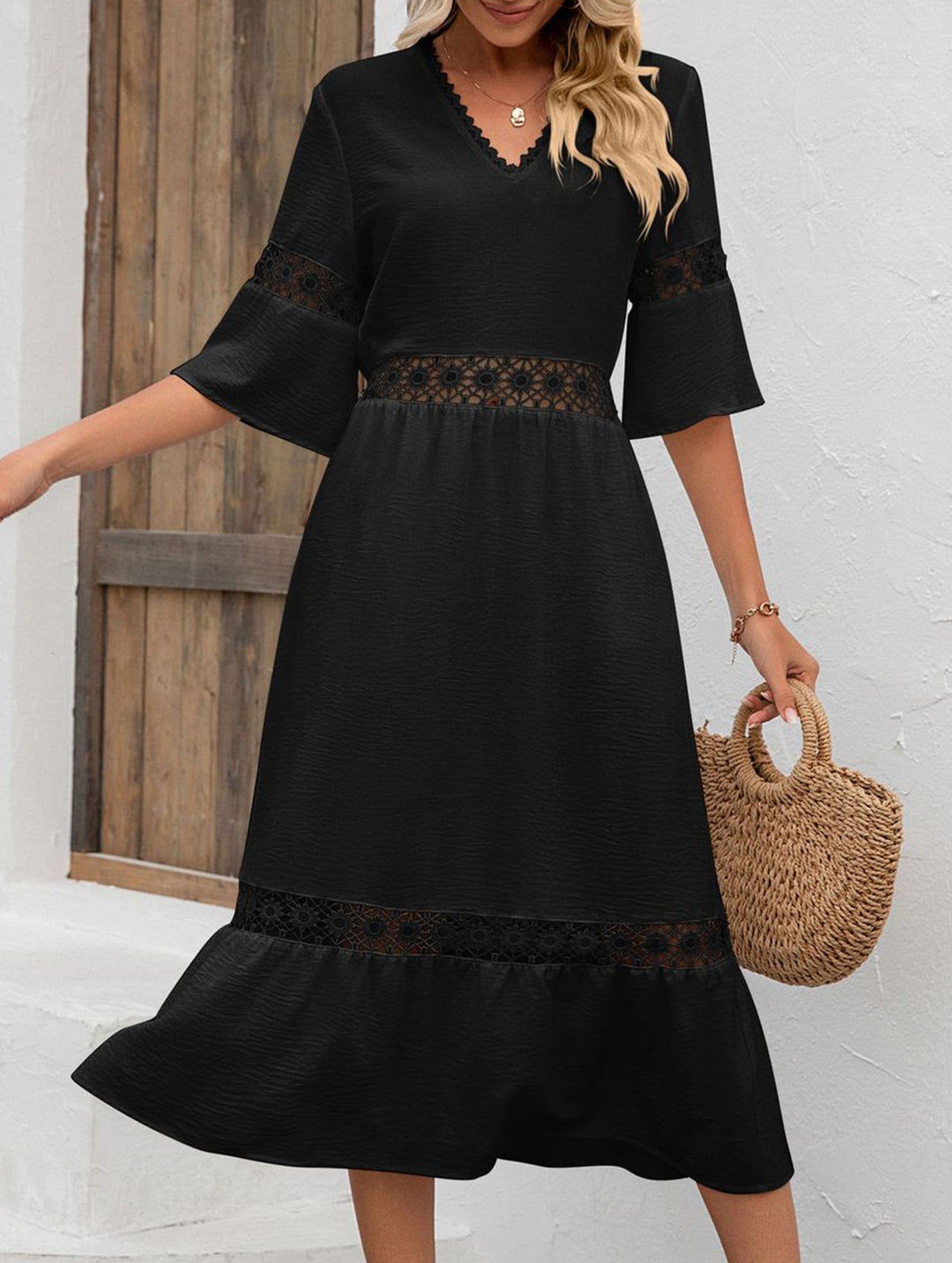 V Neck Hollow Short Sleeve Dress – White Dress