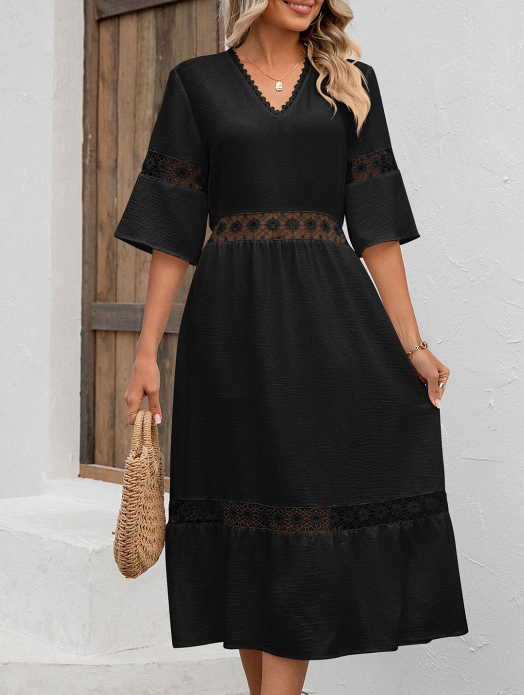 V Neck Hollow Short Sleeve Dress – White Dress