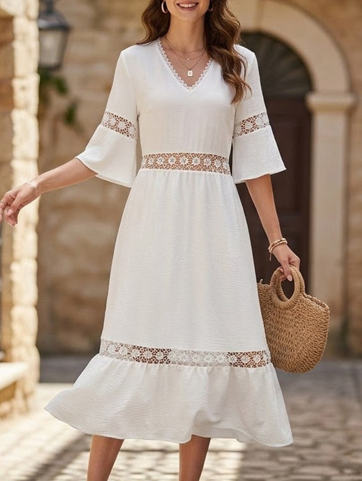 V Neck Hollow Short Sleeve Dress – White Dress