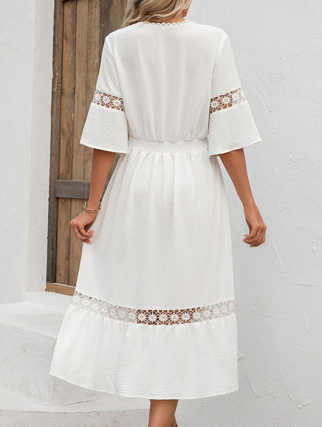 V Neck Hollow Short Sleeve Dress – White Dress