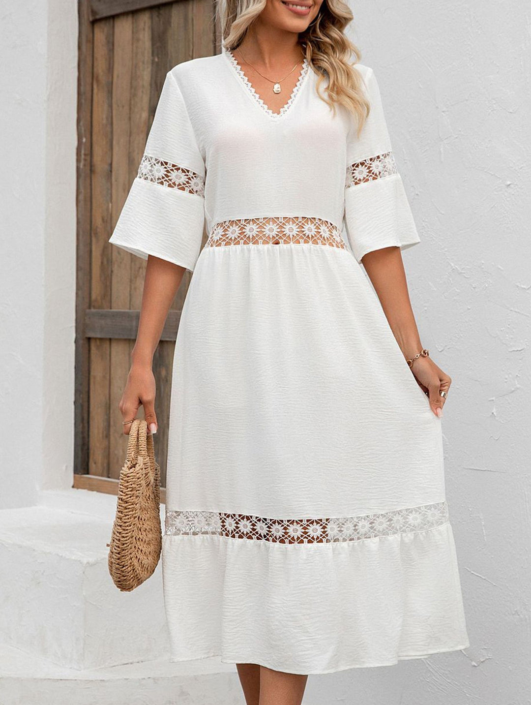 V Neck Hollow Short Sleeve Dress – White Dress