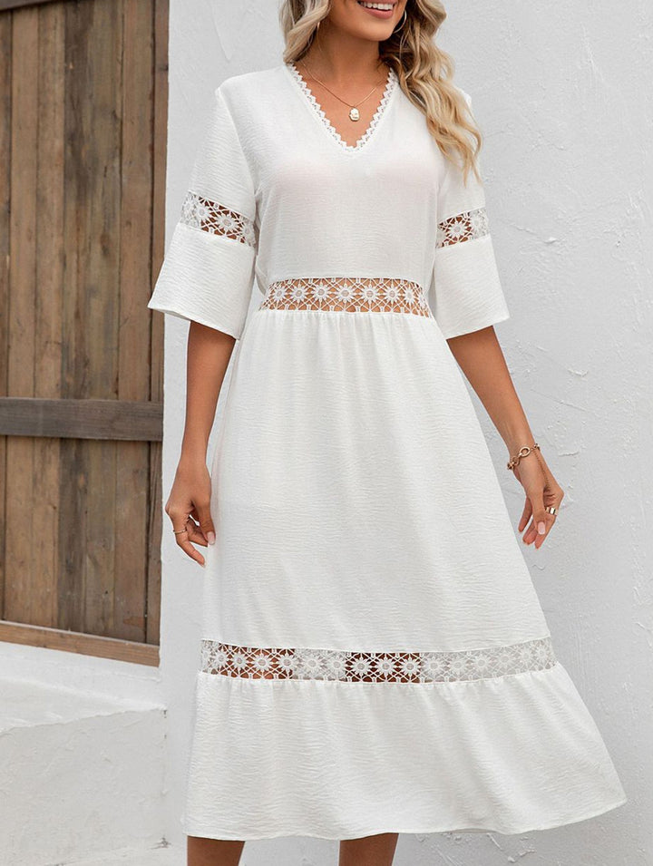 V Neck Hollow Short Sleeve Dress – White Dress