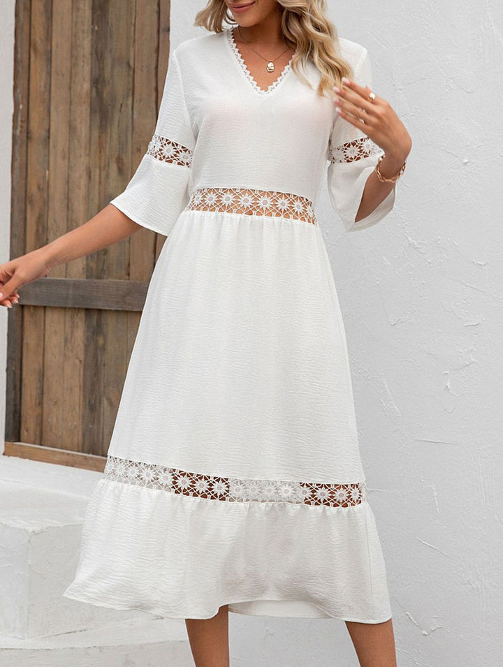 V Neck Hollow Short Sleeve Dress – White Dress