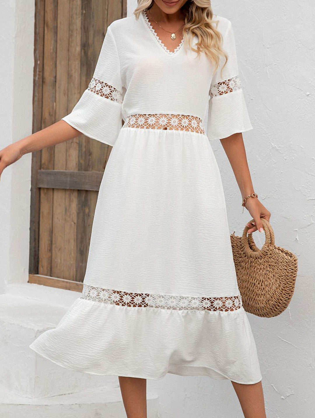 V Neck Hollow Short Sleeve Dress – White Dress