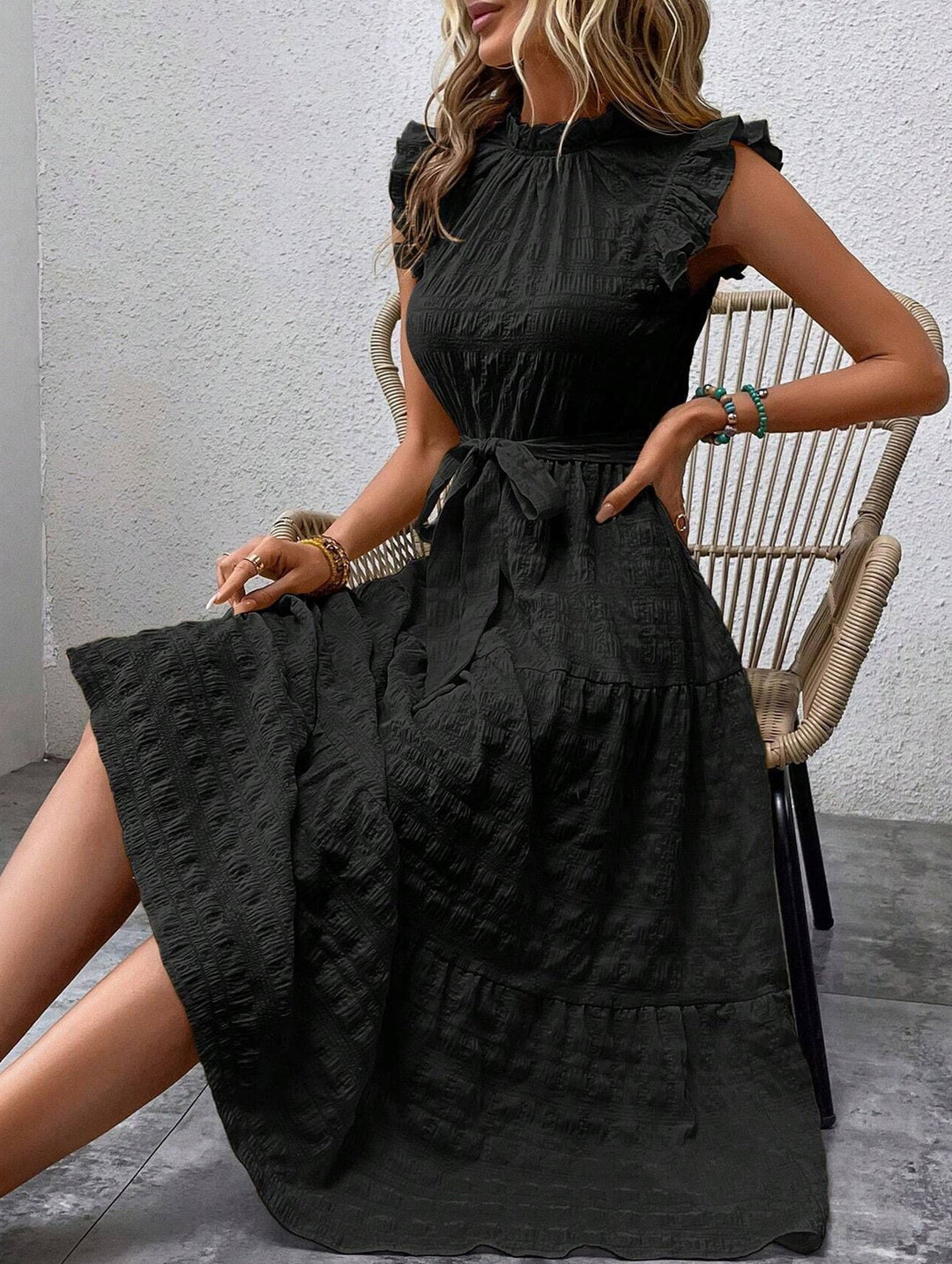 Ruffled Flutter Sleeve Tie Textured Dress – White Dress