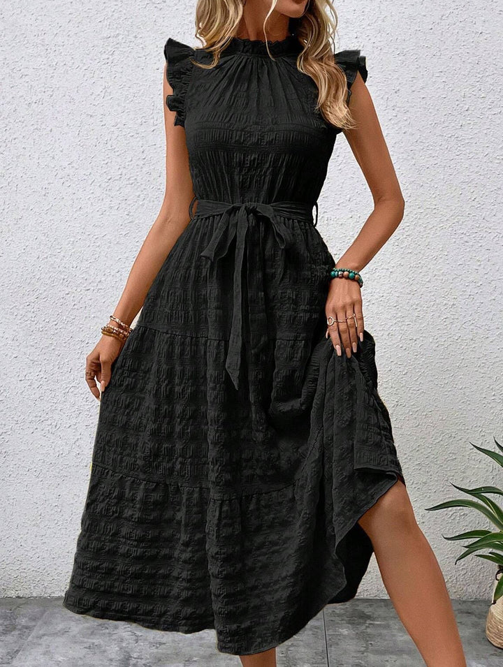 Ruffled Flutter Sleeve Tie Textured Dress – White Dress