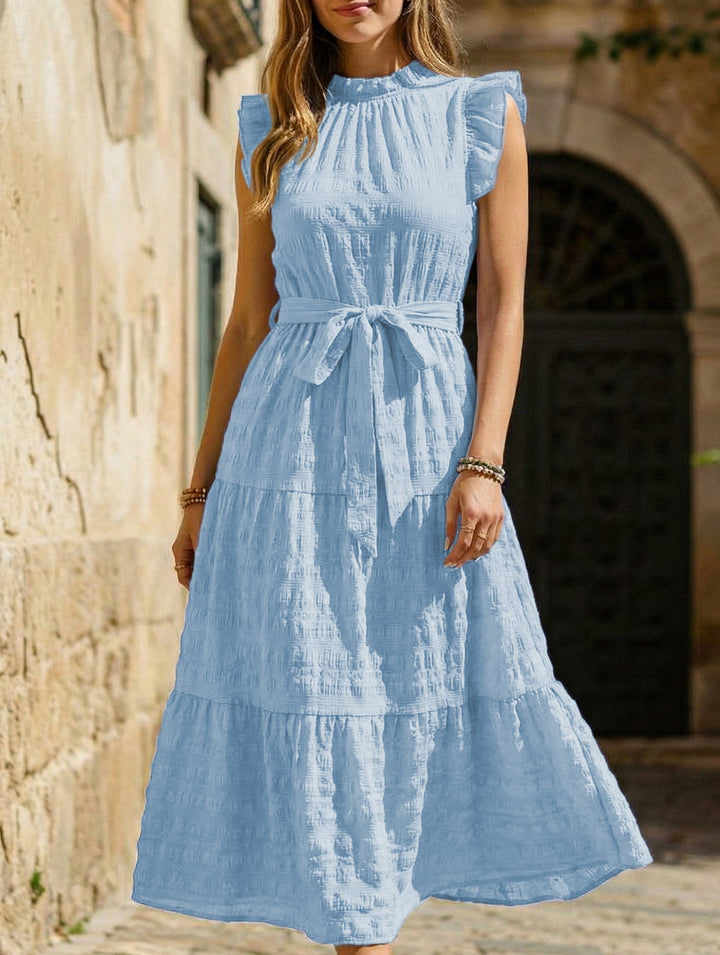 Ruffled Flutter Sleeve Tie Textured Dress – White Dress