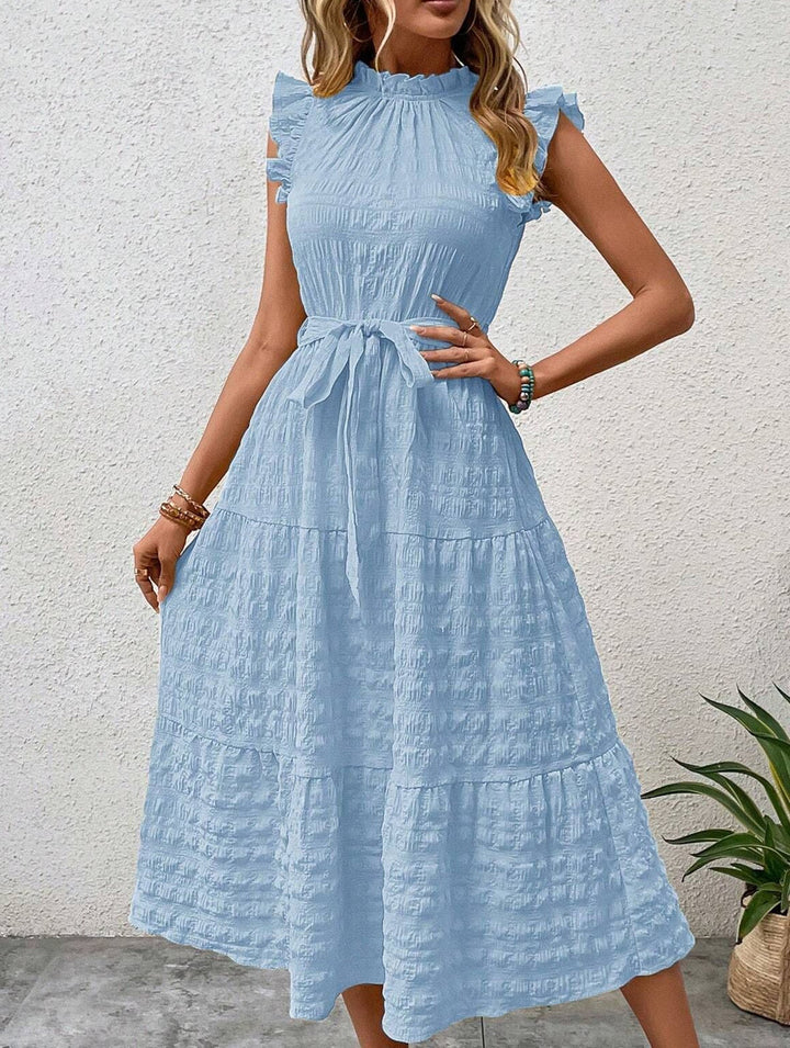 Ruffled Flutter Sleeve Tie Textured Dress – White Dress