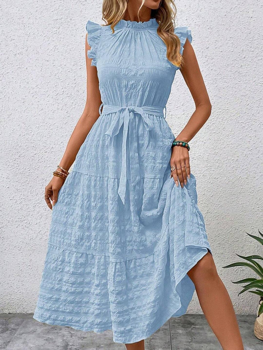 Ruffled Flutter Sleeve Tie Textured Dress – White Dress