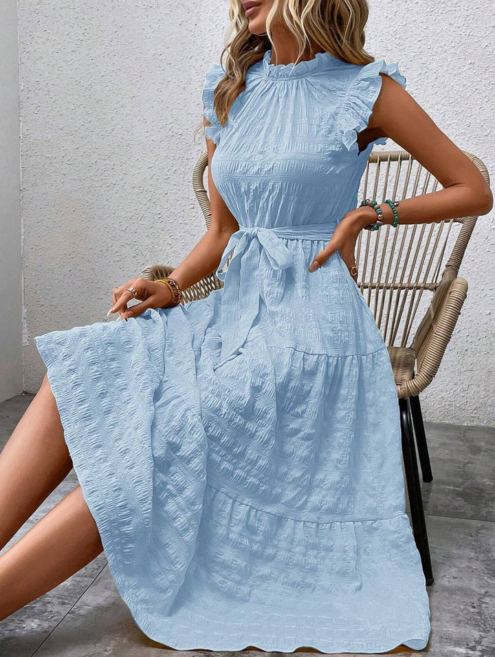 Ruffled Flutter Sleeve Tie Textured Dress – White Dress