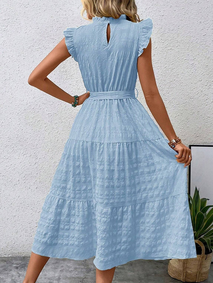Ruffled Flutter Sleeve Tie Textured Dress – White Dress