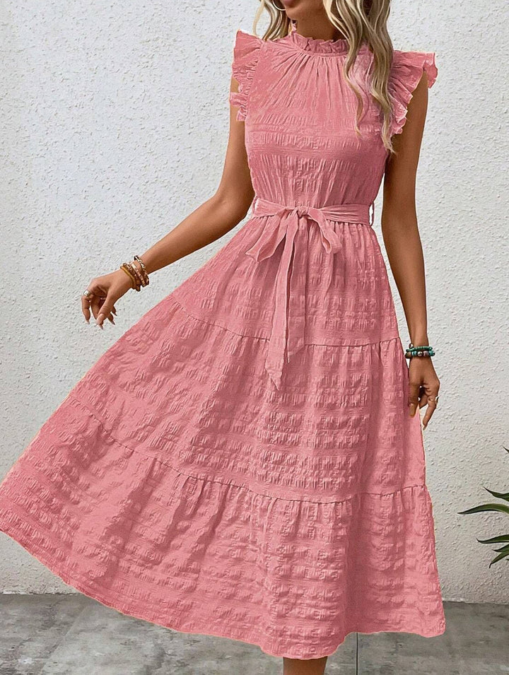 Ruffled Flutter Sleeve Tie Textured Dress – White Dress