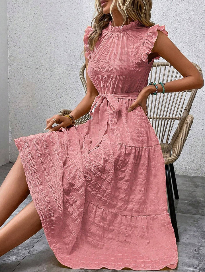 Ruffled Flutter Sleeve Tie Textured Dress – White Dress