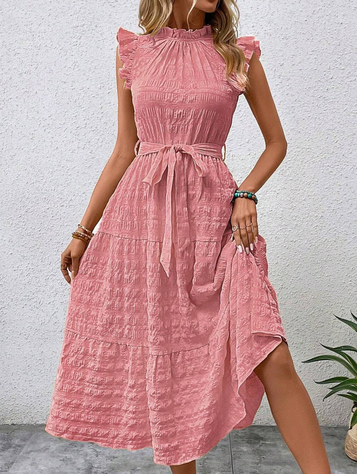 Ruffled Flutter Sleeve Tie Textured Dress – White Dress