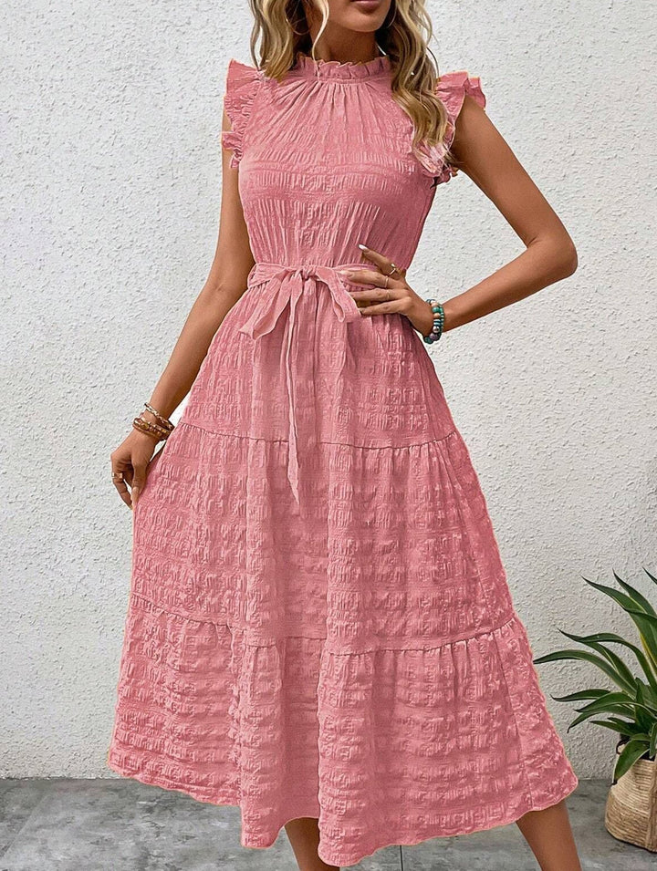 Ruffled Flutter Sleeve Tie Textured Dress – White Dress