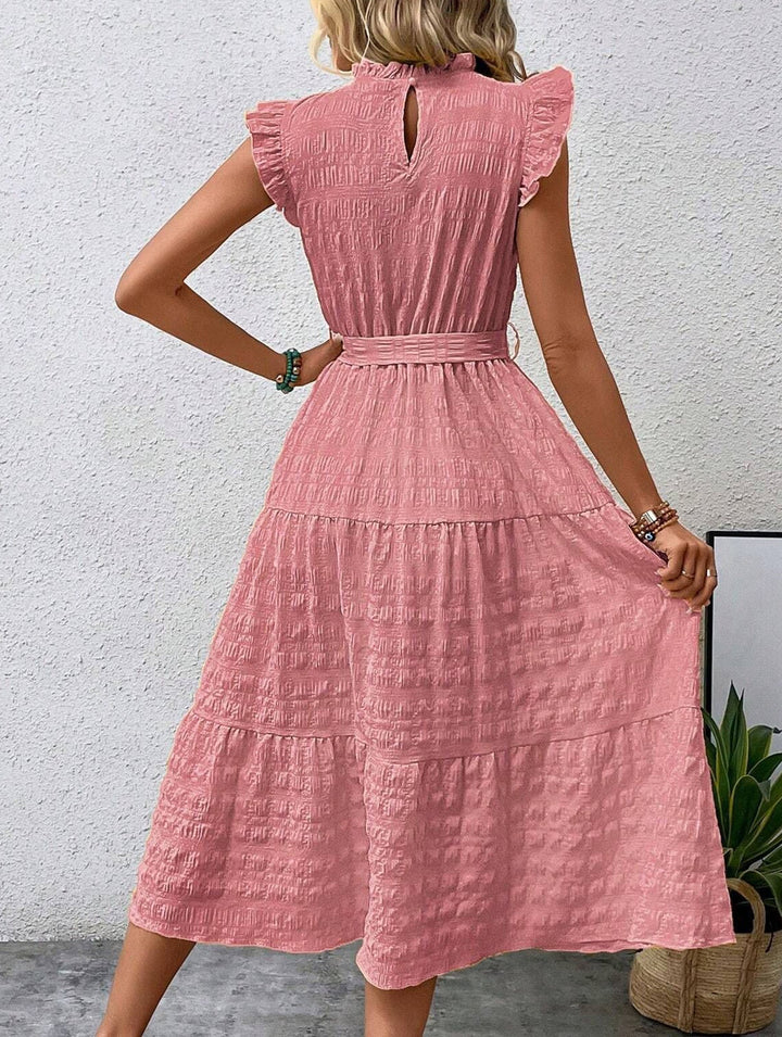 Ruffled Flutter Sleeve Tie Textured Dress – White Dress