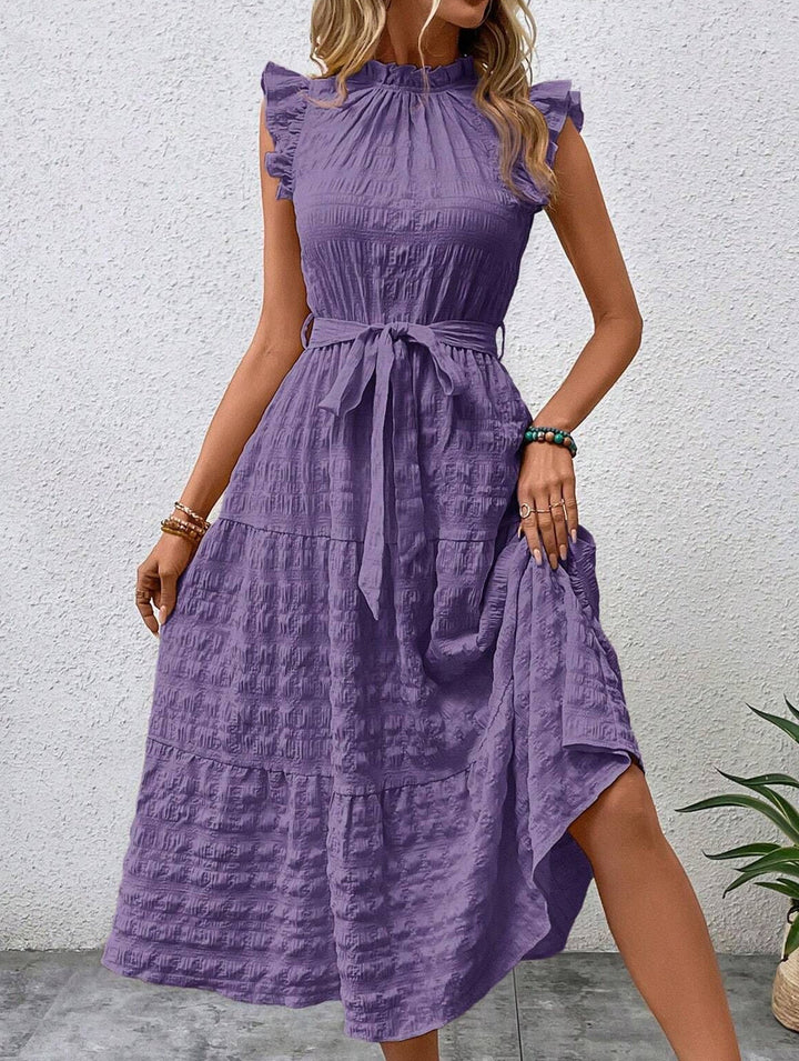 Ruffled Flutter Sleeve Tie Textured Dress – White Dress