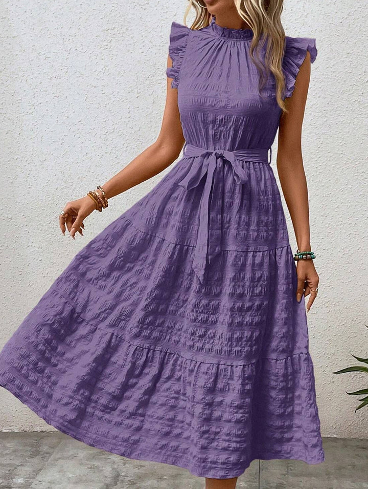 Ruffled Flutter Sleeve Tie Textured Dress – White Dress