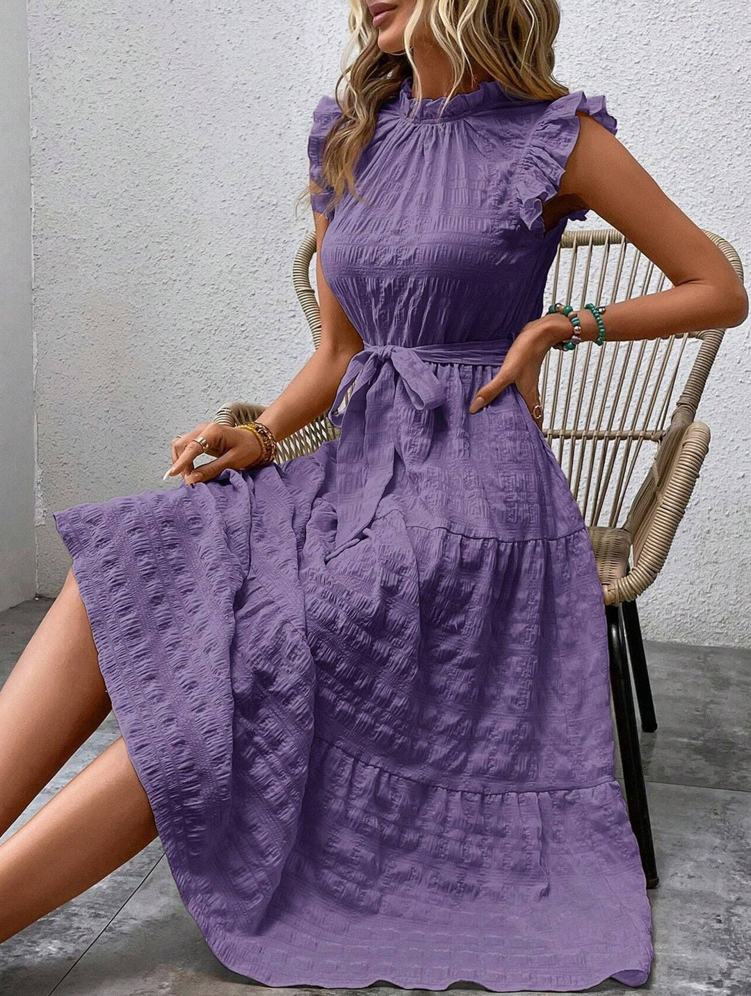 Ruffled Flutter Sleeve Tie Textured Dress – White Dress
