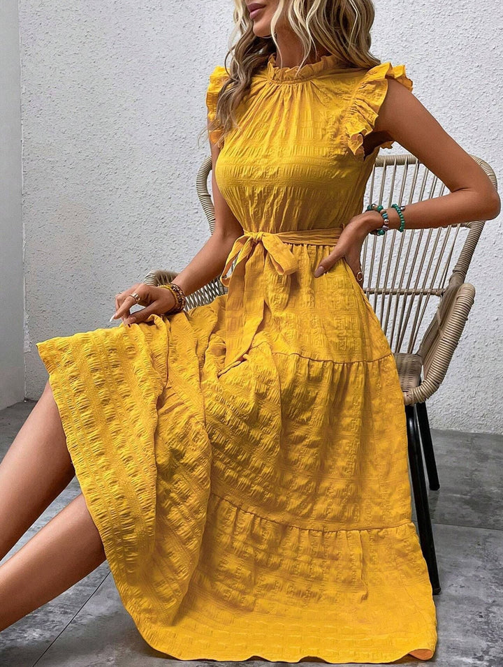 Ruffled Flutter Sleeve Tie Textured Dress – White Dress