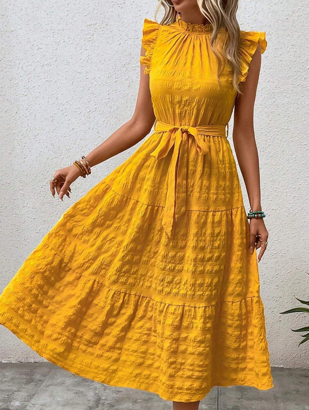 Ruffled Flutter Sleeve Tie Textured Dress – White Dress