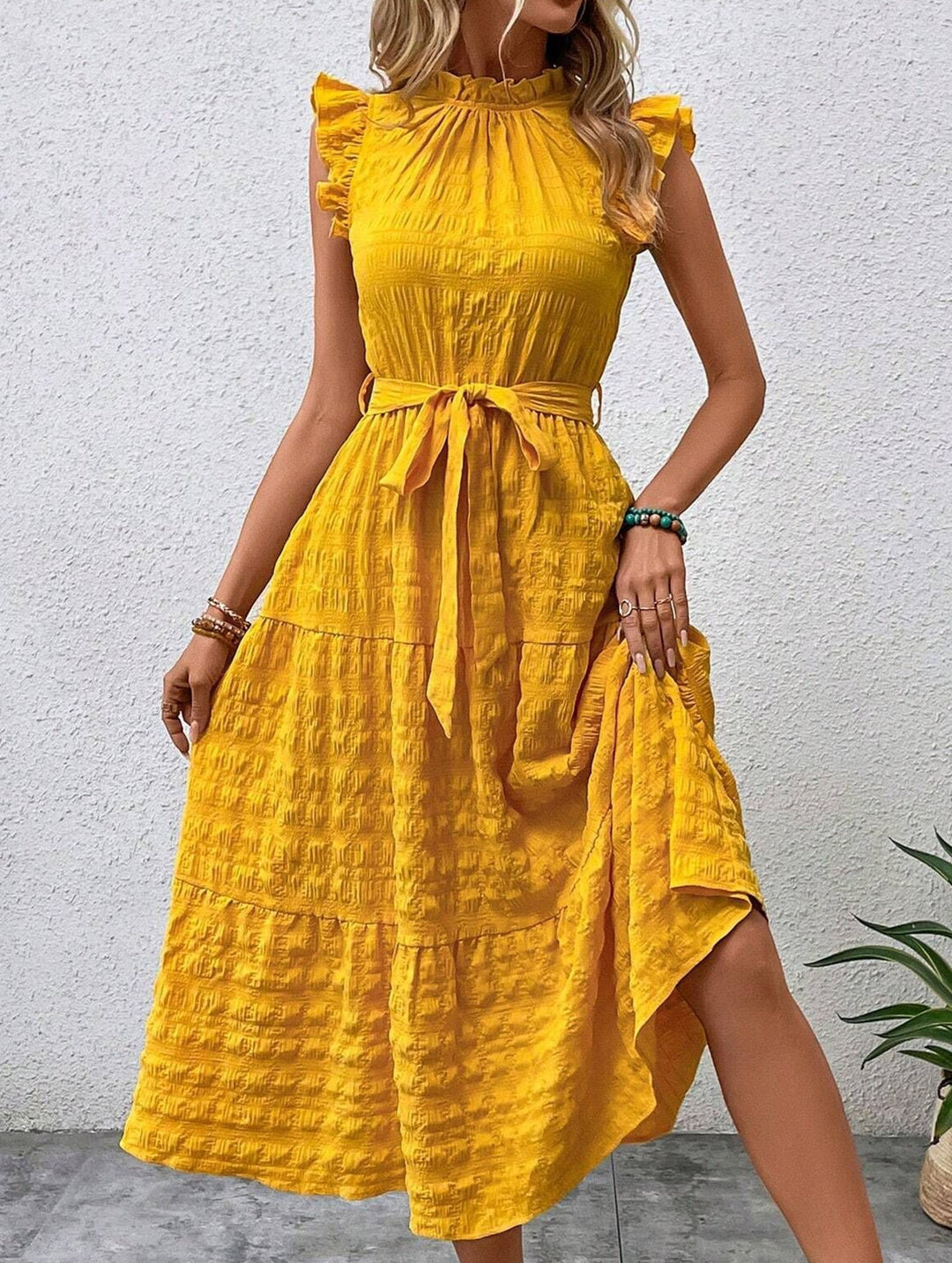 Ruffled Flutter Sleeve Tie Textured Dress – White Dress