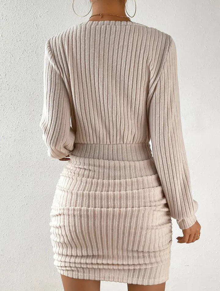 brushed ribbed V-neck long-sleeved bodycon dress – White Dress