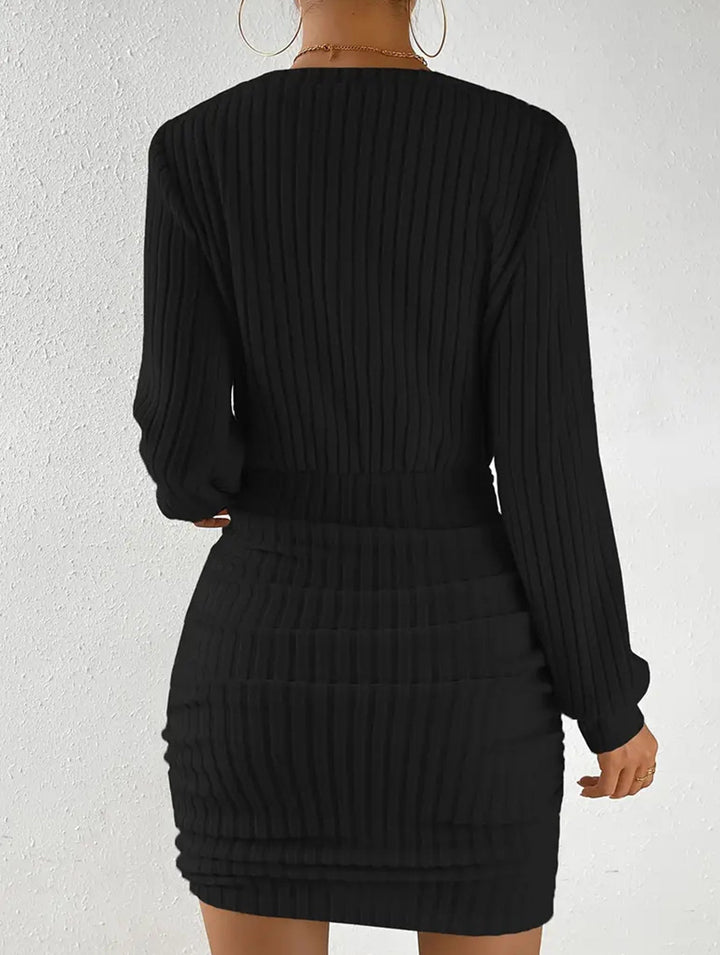 brushed ribbed V-neck long-sleeved bodycon dress – White Dress