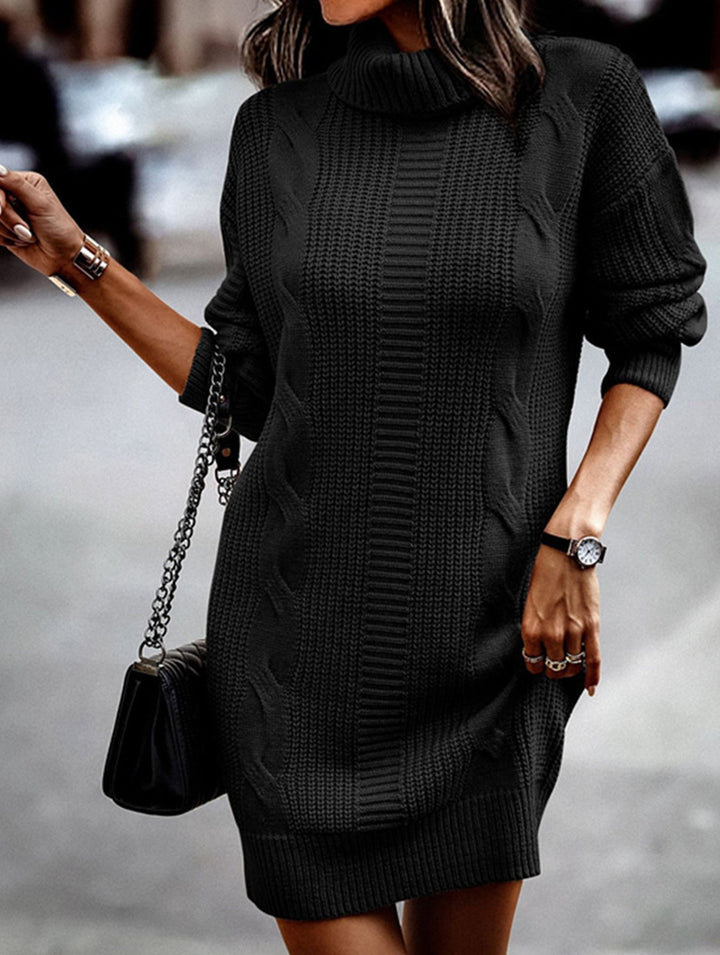 High-neck long-sleeved bodycon sweater dress – White Dress