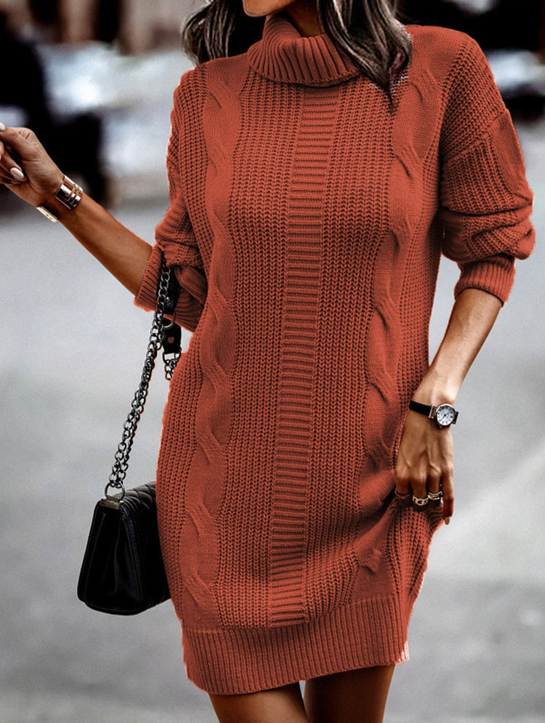 High-neck long-sleeved bodycon sweater dress – White Dress
