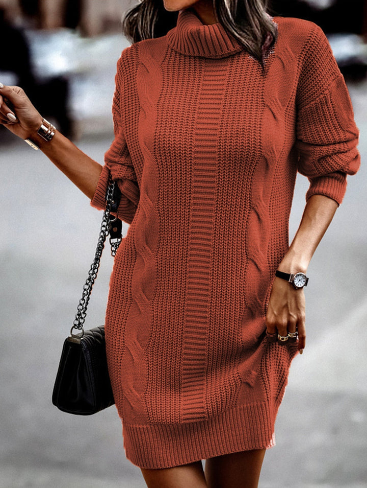 High-neck long-sleeved bodycon sweater dress – White Dress