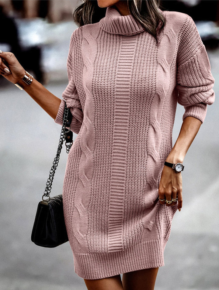 High-neck long-sleeved bodycon sweater dress – White Dress