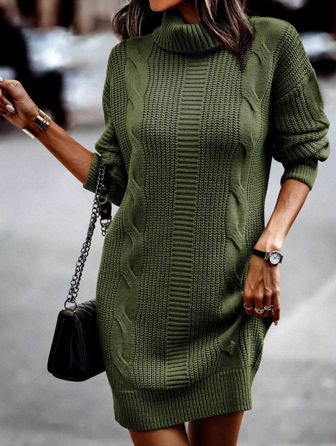 High-neck long-sleeved bodycon sweater dress – White Dress