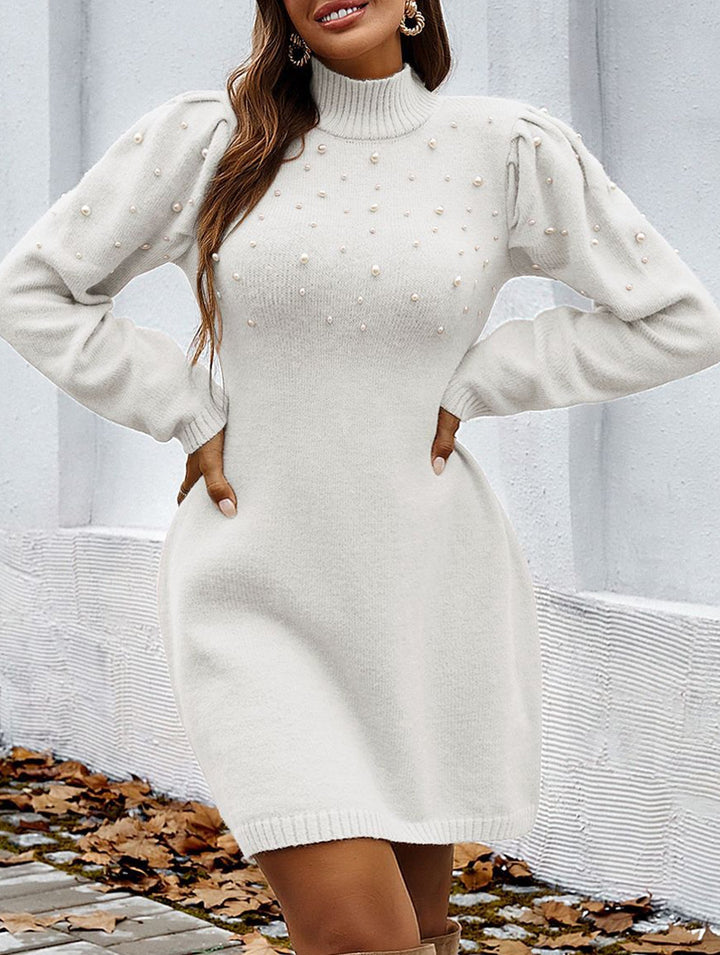 Solid color long-sleeved sweater dress – White Dress