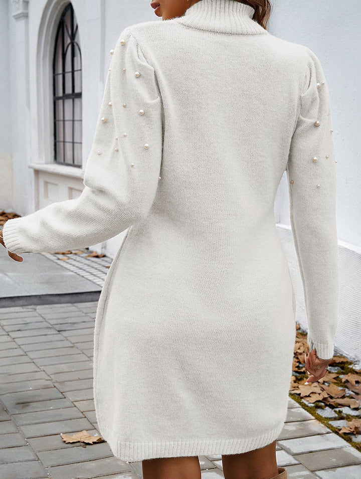 Solid color long-sleeved sweater dress – White Dress