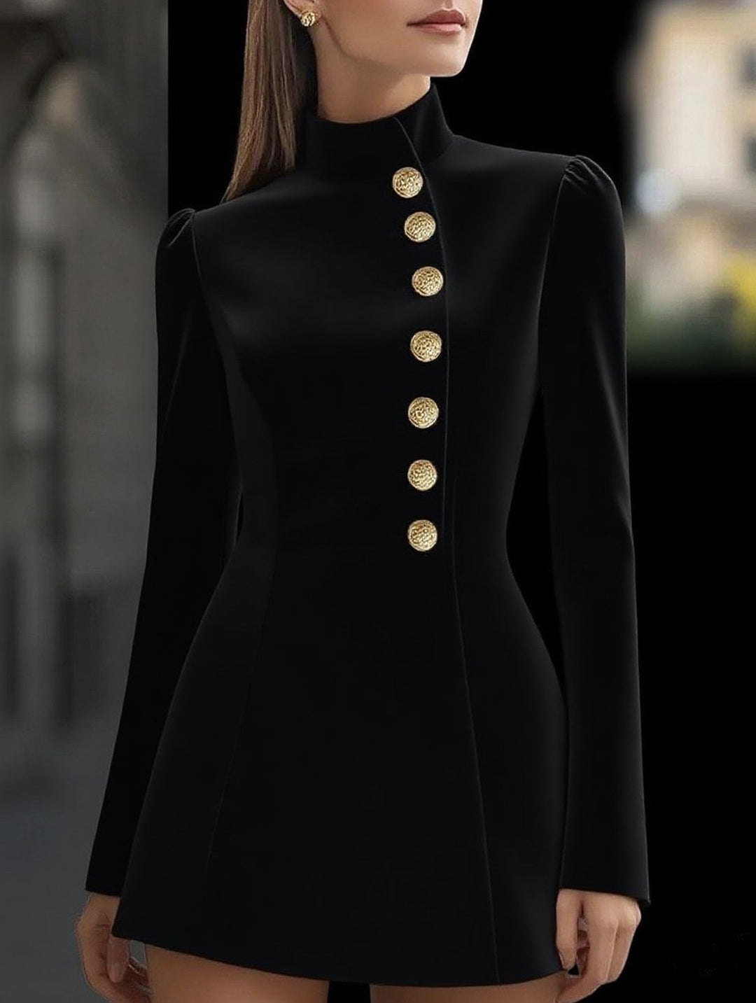 Slim-fit stand-up collar single-breasted dress – White Dress