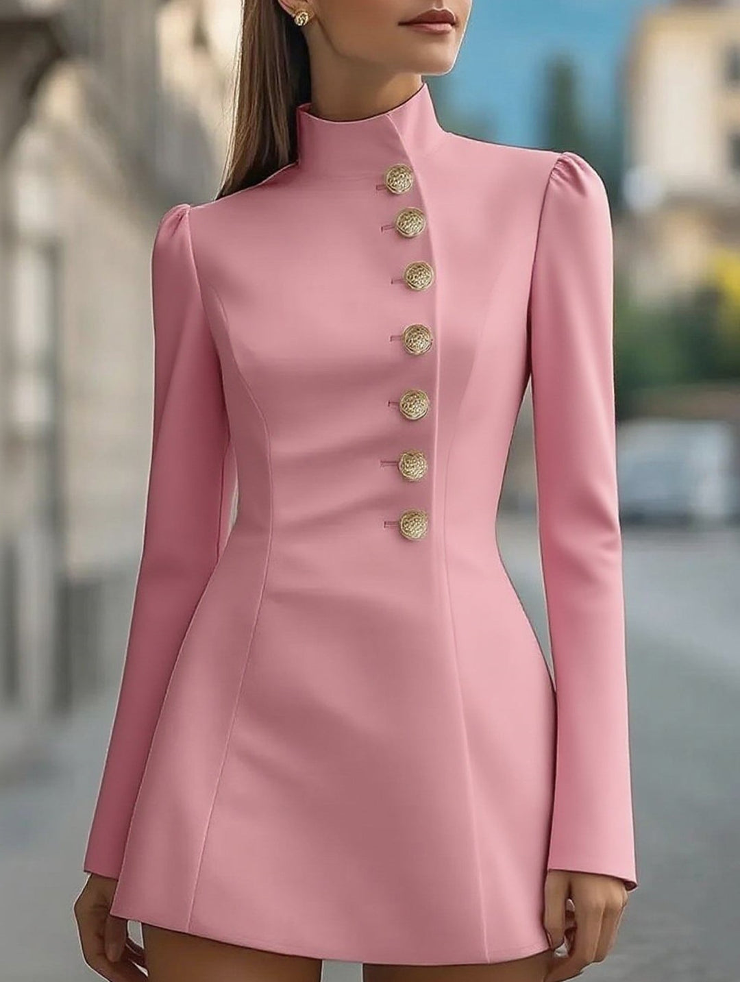 Slim-fit stand-up collar single-breasted dress – White Dress