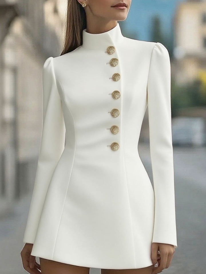 Slim-fit stand-up collar single-breasted dress – White Dress