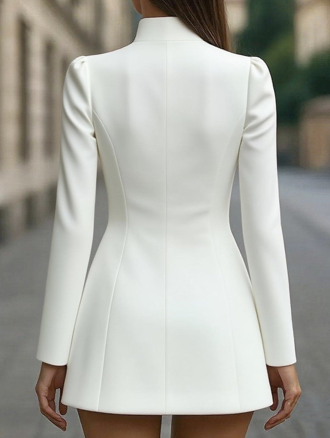 Slim-fit stand-up collar single-breasted dress – White Dress