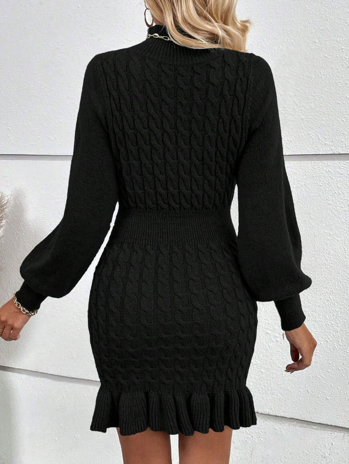 Fashionable cable knit waist-cinching sweater dress – White Dress