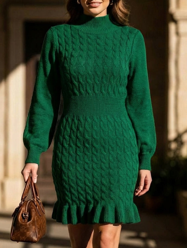 Fashionable cable knit waist-cinching sweater dress – White Dress