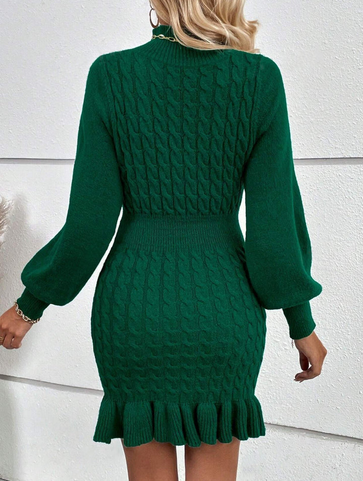 Fashionable cable knit waist-cinching sweater dress – White Dress