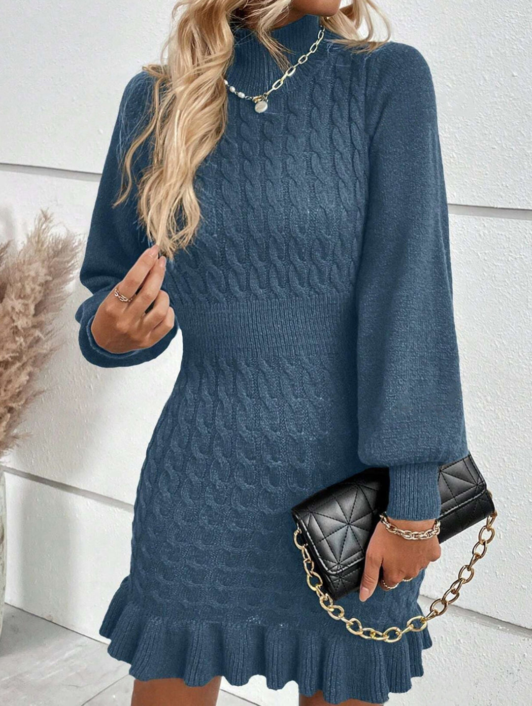 Fashionable cable knit waist-cinching sweater dress – White Dress