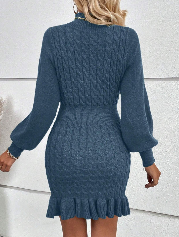 Fashionable cable knit waist-cinching sweater dress – White Dress