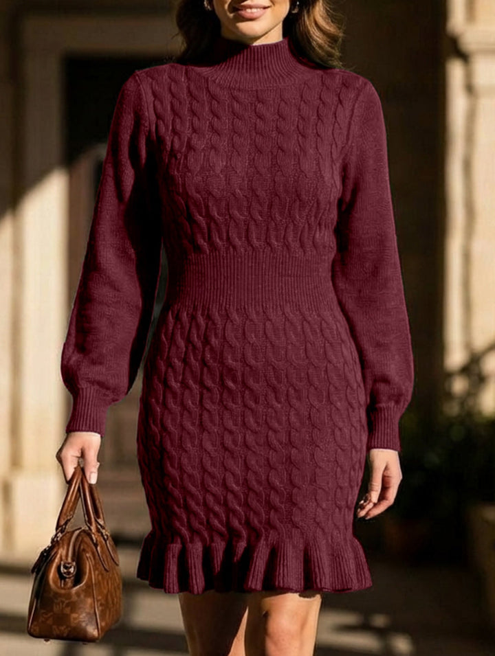 Fashionable cable knit waist-cinching sweater dress – White Dress