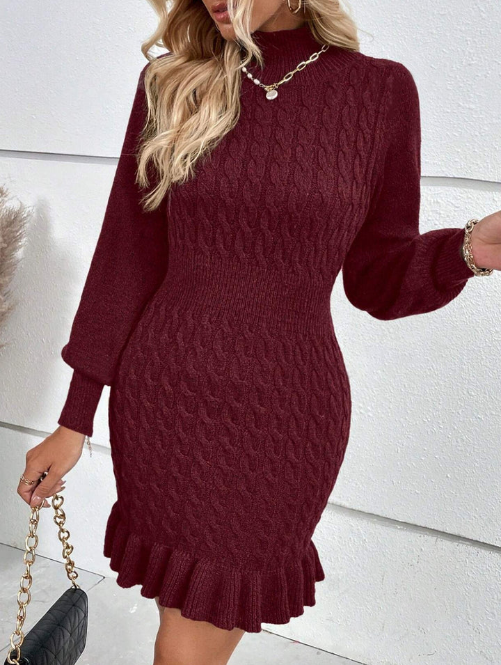 Fashionable cable knit waist-cinching sweater dress – White Dress