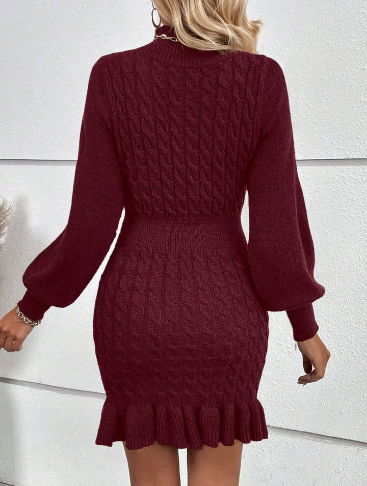 Fashionable cable knit waist-cinching sweater dress – White Dress